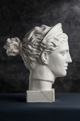 Gypsum copy of ancient statue Diana head on a dark textured background. Plaster sculpture woman...