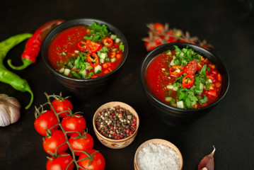 Traditional spanish cold tomato soup gazpacho on concrete background