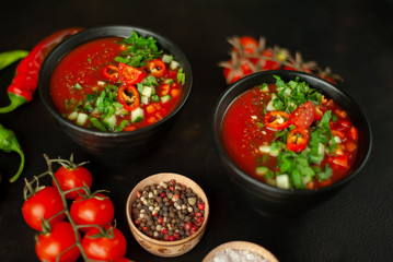 Traditional spanish cold tomato soup gazpacho on concrete background
