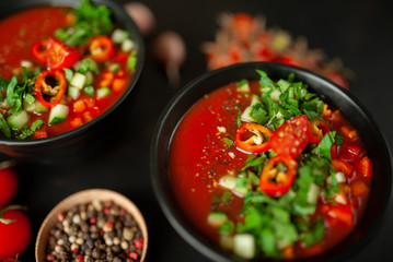 Traditional spanish cold tomato soup gazpacho on concrete background