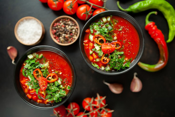 Traditional spanish cold tomato soup gazpacho on concrete background