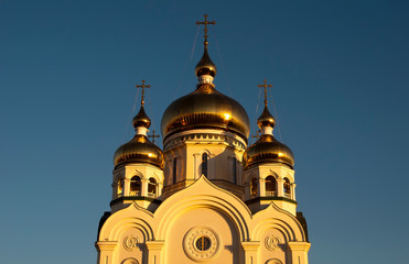 Khabarovsk Russia, domes of the Transfiguration Cathedral domes at sunset