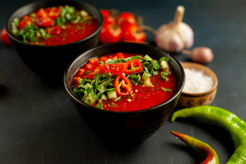 Traditional spanish cold tomato soup gazpacho on concrete background