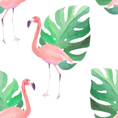 Summer seamless pattern with flamingo. Watercolor print. Hand drawn illustration