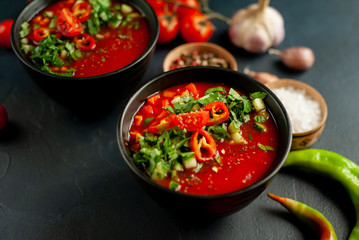 Traditional spanish cold tomato soup gazpacho on concrete background