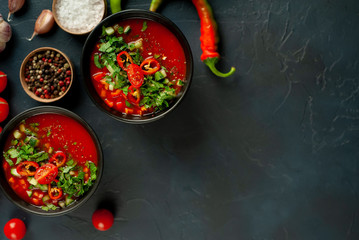Traditional spanish cold tomato soup gazpacho on concrete background