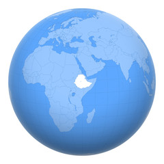 Ethiopia on the globe. Earth centered at the location of the Federal Democratic Republic of Ethiopia. Map of Ethiopia. Includes layer with capital cities.