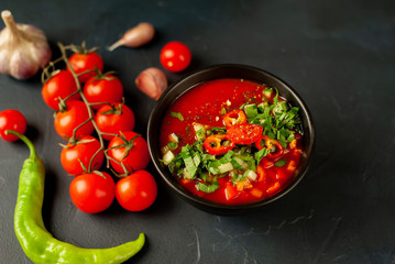 Traditional spanish cold tomato soup gazpacho on concrete background