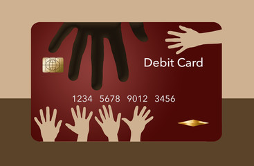 Hands reach out for this red debit card.