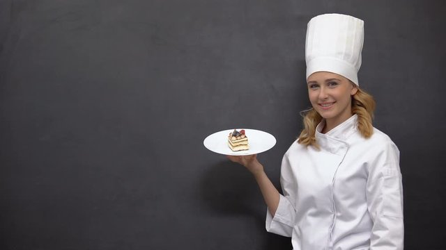 Female chef holding dessert, template for cake recipes, bakery advertisement