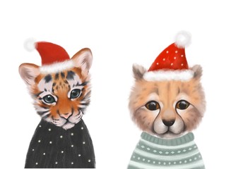 Cute animals bundle.  Hand drawn baby cheetah and tiger. Perfect for .christmas greeting cards 2020.Winter style