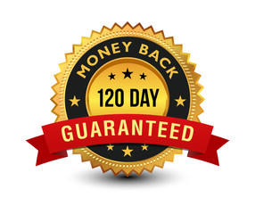 Golden colored 120 day money back guaranteed badge with red ribbon on top isolated on white background. banner, sticker, tag, icon, stamp, label, sign.