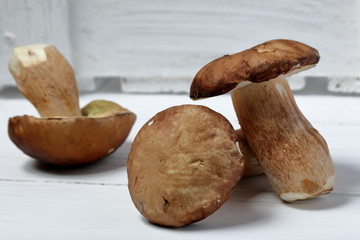 A few fresh porcini mushrooms on a background of white boards.