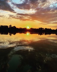 закат, вода, лес