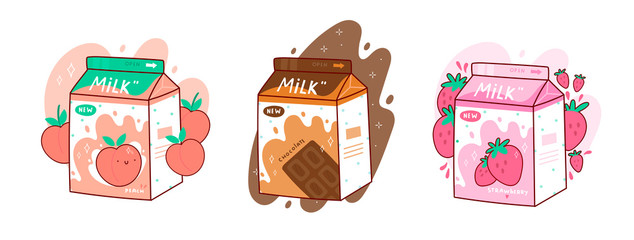 Set of three cartons of milk. Three various tastes. Chocolate, strawberry and peach. Asian product. Hand drawn colored trendy vector illustration. Kawaii anime design. Cartoon style
