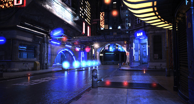 Urban futuristic city lit with neon lights night view 3d render