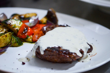 beef steak and grilled vegetables