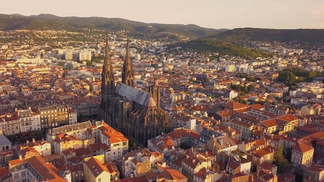 Clermont-Ferrand Cathedral. Clermont-Ferrand, Auvergne-Rhone-Alpes, France. (aerial photography)