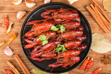 Crayfish. Red boiled crawfishes on table in rustic style,  Lobster closeup.