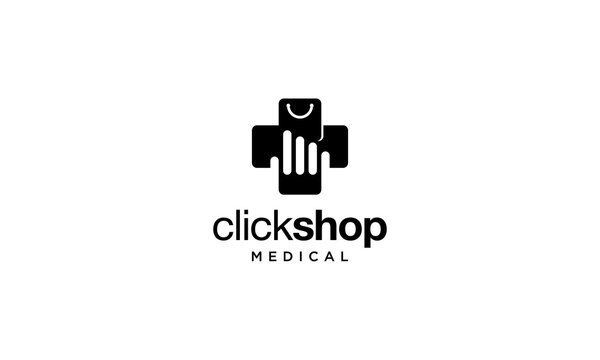 black white Hand click with shopping bag for medical shop logo concept