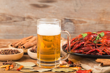Crayfish. Red boiled crawfishes on table in rustic style,  Lobster closeup.
