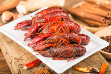Crayfish. Red boiled crawfishes on table in rustic style,  Lobster closeup.