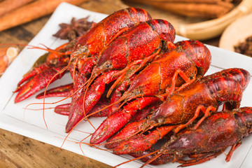 Crayfish. Red boiled crawfishes on table in rustic style,  Lobster closeup.
