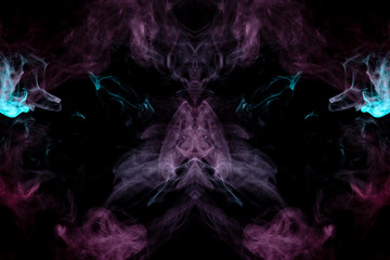 A mystical image of a large face of a creature or ghost with eyes and cheekbones of green and pink smoke on a black isolated background. Print for clothes.