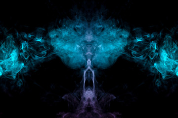 Abstract smoky pattern with a mystical image of a ghost with wings of green and pink smoke with its head at the top. Print for clothes.