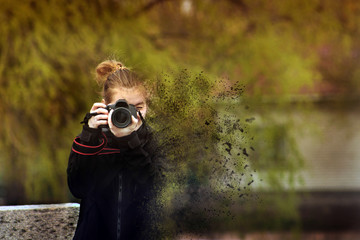A girl takes pictures and her body falls apart. The decay effect on a photo