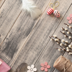 Flat lay with copy-space  on grey textured wooden surface with spring decorations