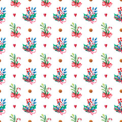 Watercolor christmas seamless pattern. Gift paper, greeting cards and invitations design. Traditional christmas background
