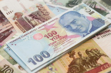 Two european currencies - Russian ruble and Turkish Lira