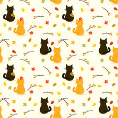 Materiał do szycia Cute cat in autumn seamless pattern vector.
