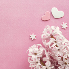 Pink pearl hyacinth flowers with decorative hearts on pink colored paper, copy-space