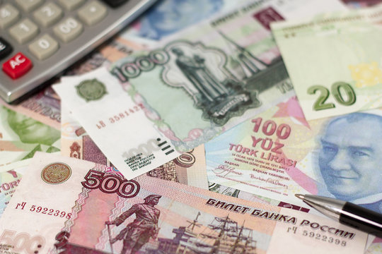 Two european currencies - Russian ruble and Turkish Lira