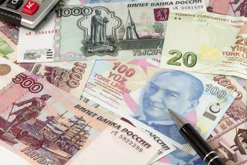 Two european currencies - Russian ruble and Turkish Lira