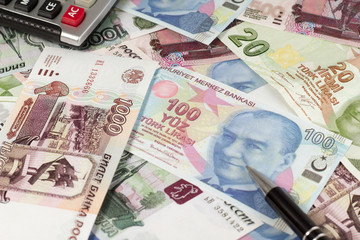 Two european currencies - Russian ruble and Turkish Lira