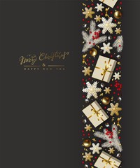 Christmas New Years seamless border golden on black background