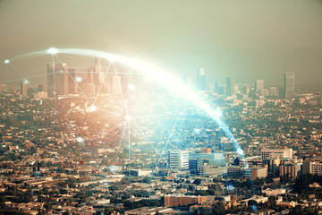Double exposure of social network theme drawing and cityscape background. Concept of people...