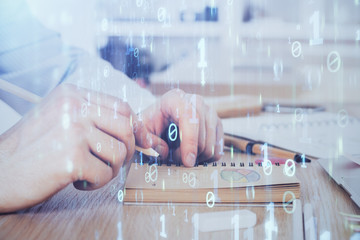 Writing human hands with data theme multi exposure icons.