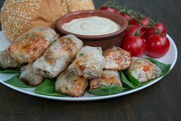 Spring roll with meat and vegetables served on a white dish with sauce. Dark wooden background.