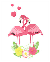 Naklejka premium Set of loving couples of pink flamingos