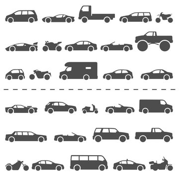 Car and Motorcycle type icons set. Title models moto and automobile