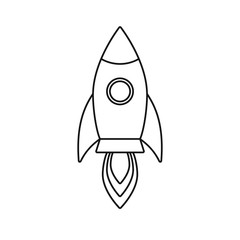 Vector flat cartoon black line contour drawn rocket logo icon isolated on white background