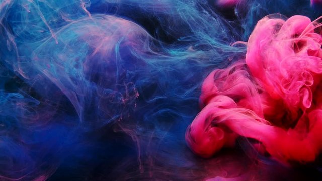Ink explosion. Fantasy cloud. Pink blue fluid leak. Vibrant color smog.