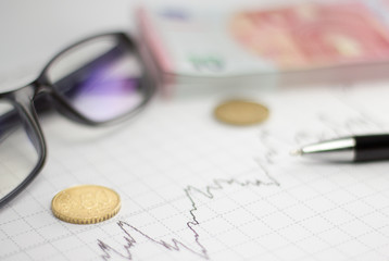 Euro, coin and glasses placed on a graphic chart
