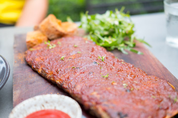 Pork ribs grilled with BBQ sauce and honey