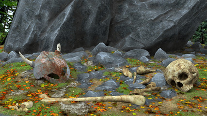 Old helmet, the bones of the skull. 3d illustration