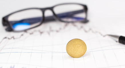 coin and glasses placed on a graphic chart
